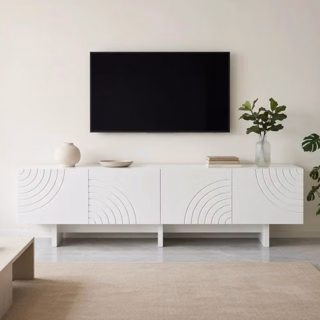 Cassettiera TV KOMHTOM bianca in MDF e truciolare con design minimalista e finitura opaca, L: 170 cm, P: 35 cm, H: 50 cm – 1