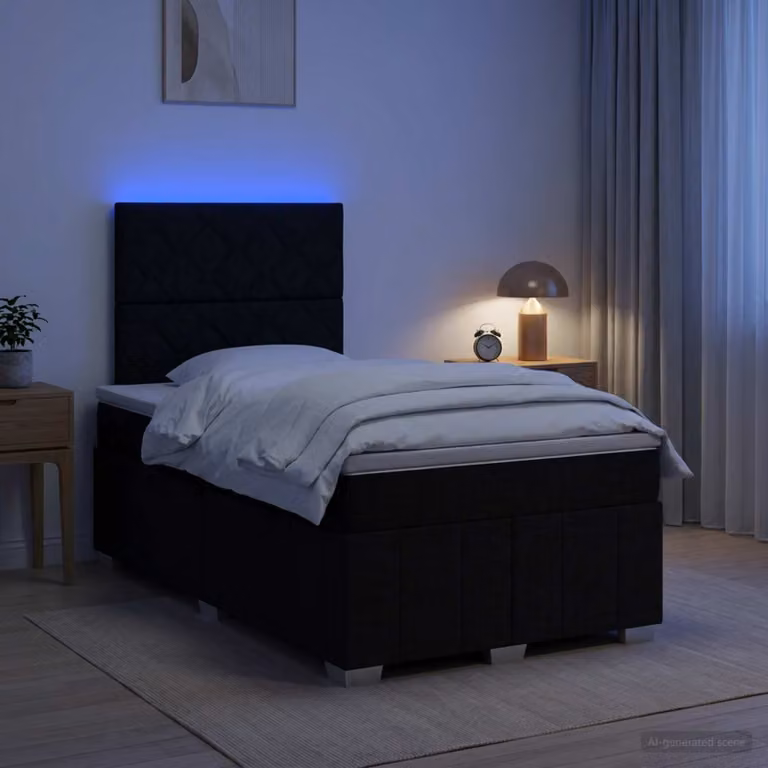 Letto Box Spring vidaXL con Materasso e Illuminazione LED, Porta USB e Base a Sollevamento, Tessuto Nero, L 200 x L 120 cm