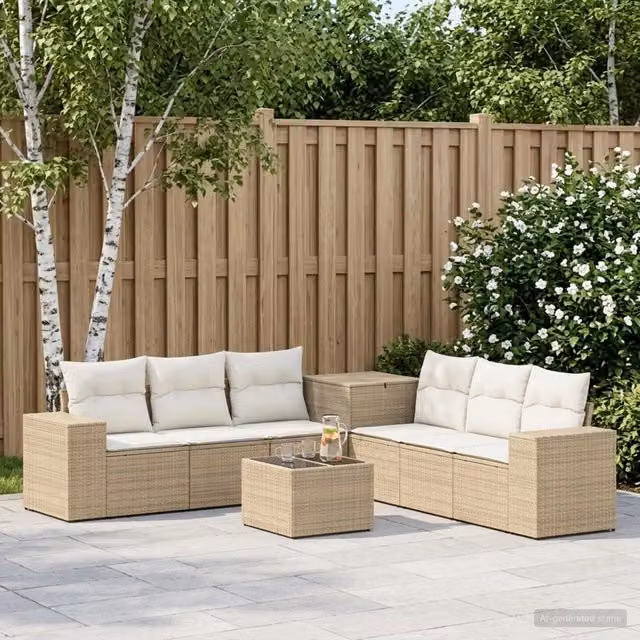Set di divani da giardino 8 pezzi vidaXL in polyrattan beige e bianco con cuscini e tavolino da caffè