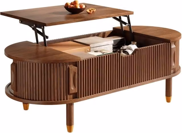 Tavolino da Salotto con Piano Alzabile e Vano Portaoggetti, Sportello Scorrevole, Gambe in Legno di Gomma, MDF, Design Scanalato