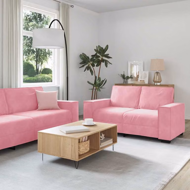 Set di divani 3 pezzi vidaXL in velluto rosa con cuscini, design moderno per soggiorno