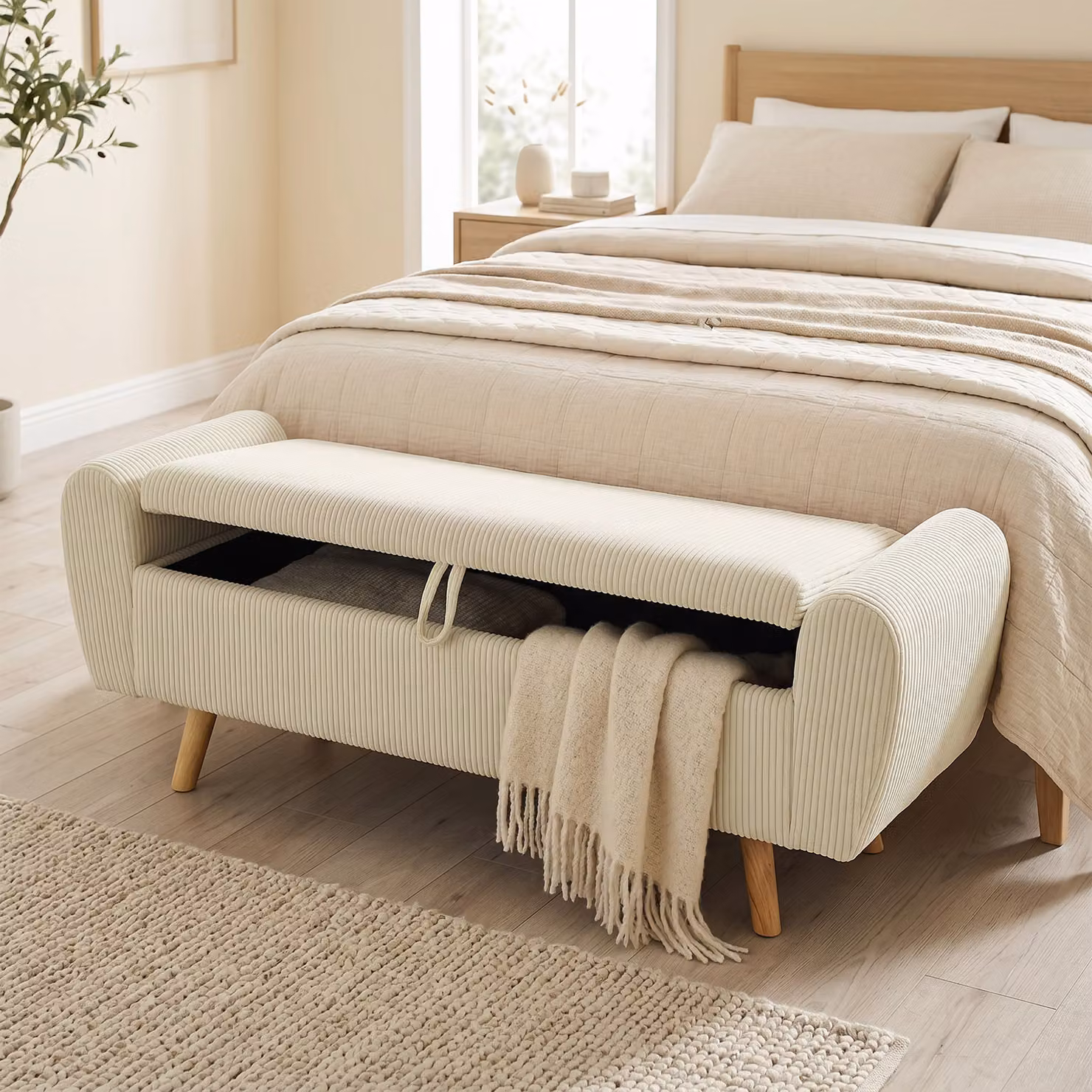 Panca Contenitore HOMCOM da 73 L in Velluto a Coste Beige con Braccioli e Gambe in Legno di Hevea – 2