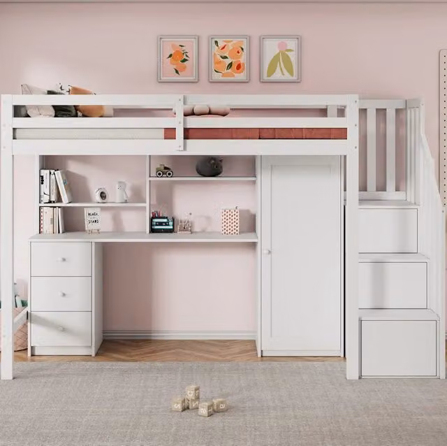 Letto a castello multifunzionale per bambini con scrivania, armadio e cassetti, 90x200 cm, bianco