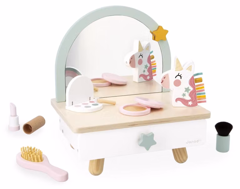 Janod Unicorn - Specchio da trucco in legno con accessori per bambini