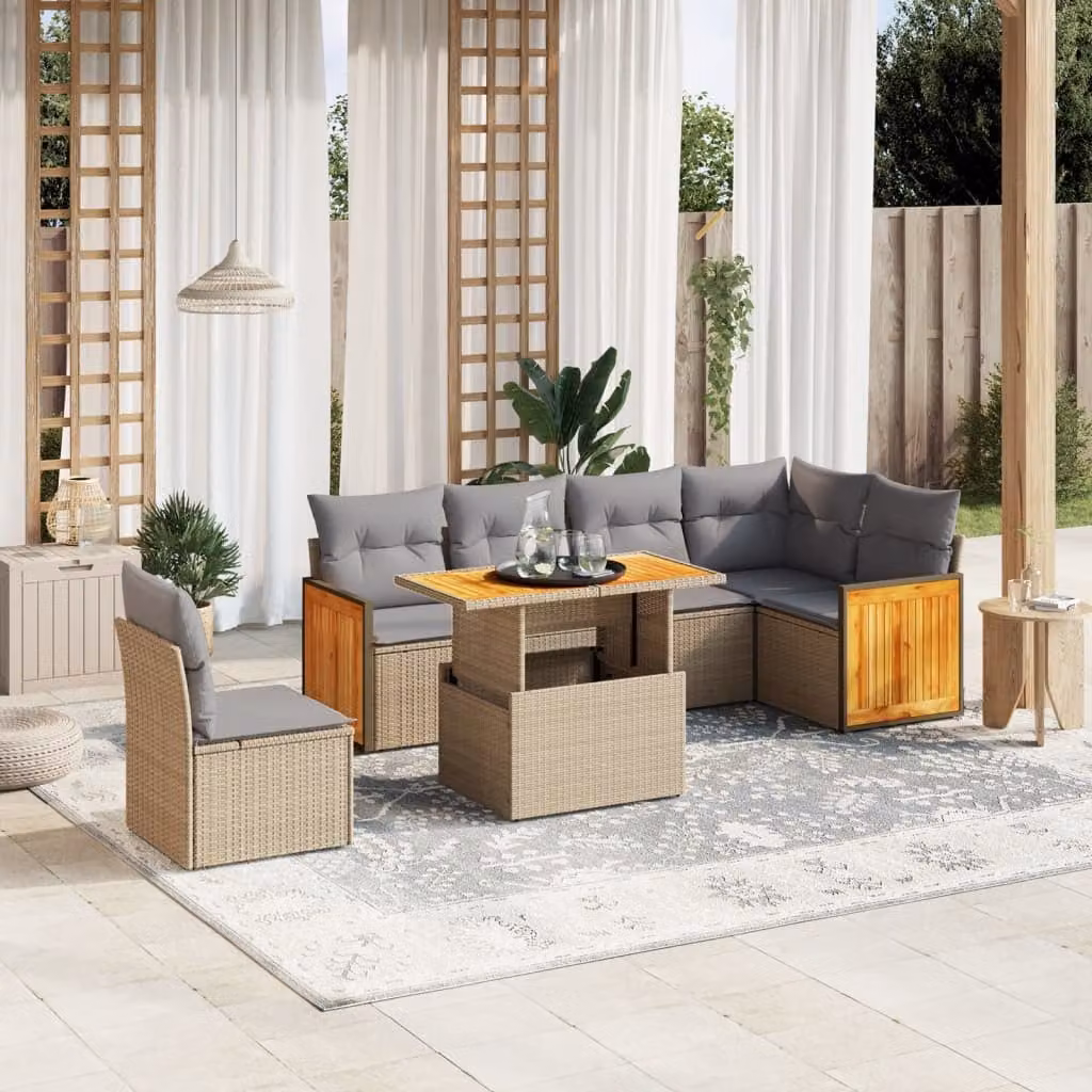 Set di divani da giardino vidaXL a forma di L composto da 7 pezzi in polyrattan con cuscini beige e tavolino da esterno – 1