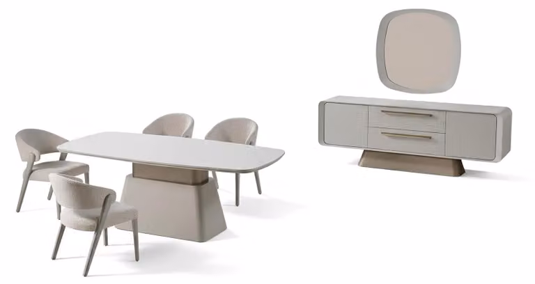 Set per sala da pranzo: tavolo, consolle, colore beige, specchio, stile moderno