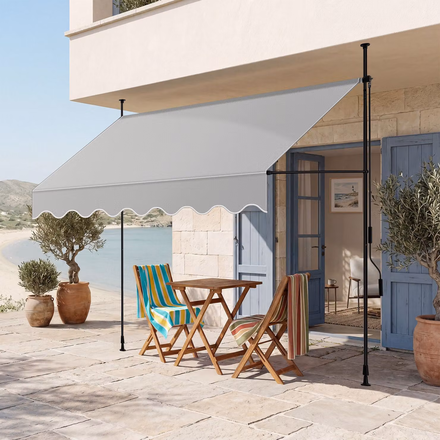 Tenda a morsetto Tectake con manovella e altezza regolabile, grigio chiaro, L: 250 cm, H: 180 cm, in poliestere e acciaio con protezione UPF 50+ – 3