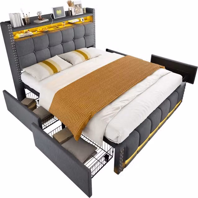 Letto 180x200 cm beige a coste con contenitore， luce e USB， senza materasso