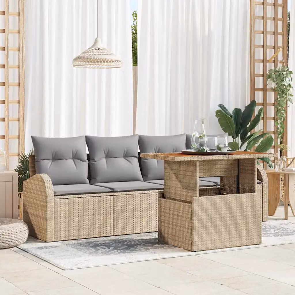 Set Divano da Giardino vidaXL 5 Pezzi Moderno Beige con Cuscini Imbottiti e Tavolino in Metallo e Polyrattan