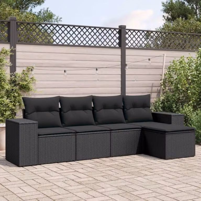vidaXL Set Divani da Giardino a L 5 pz con Cuscini e Ottoman, Polyrattan e Acciaio Nero