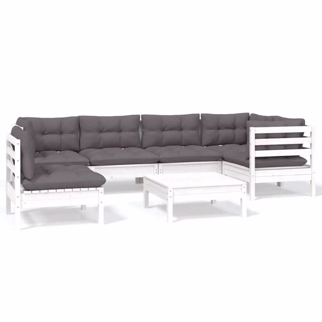 Set Divani da Giardino 7 pz con Cuscini Bianchi Legno di Pino