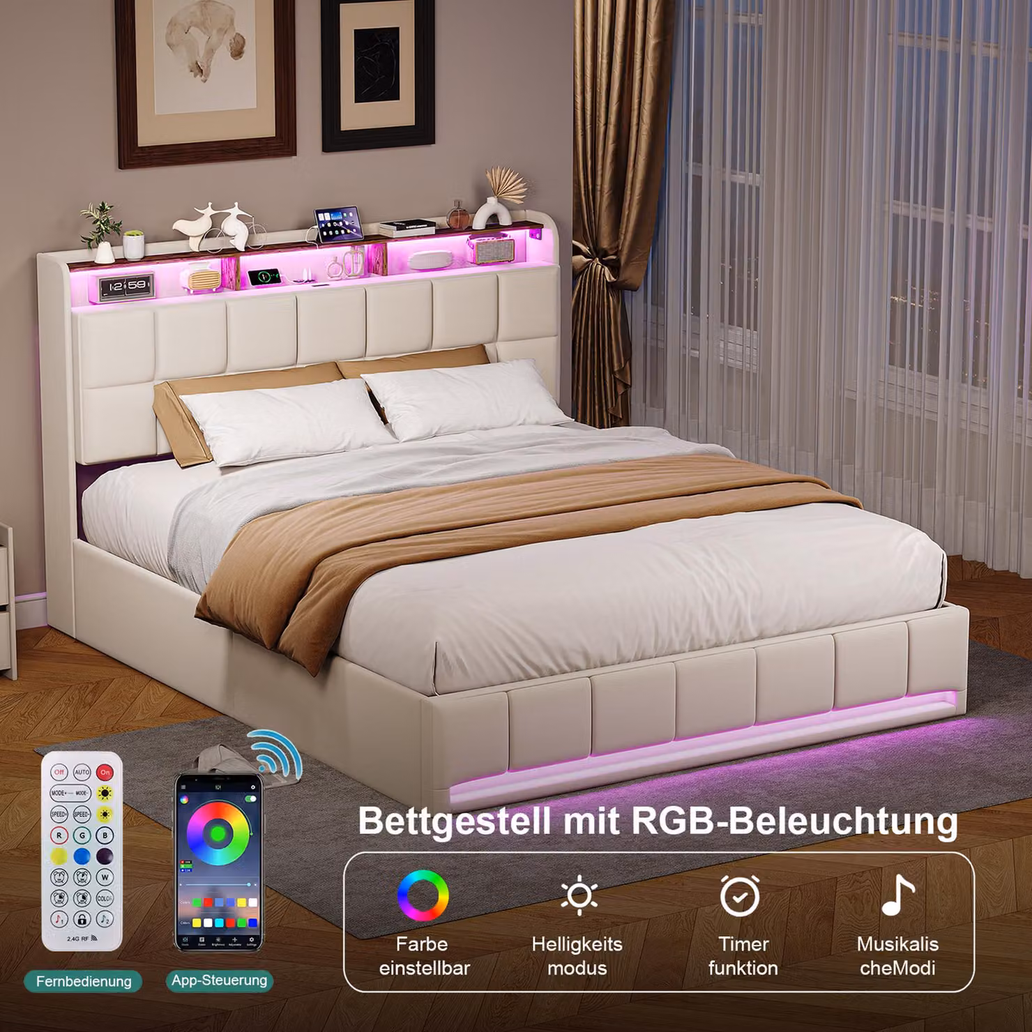Letto imbottito 160x200 cm con vano portaoggetti idraulico, illuminazione a LED e ricarica USB/Type-C, lino beige