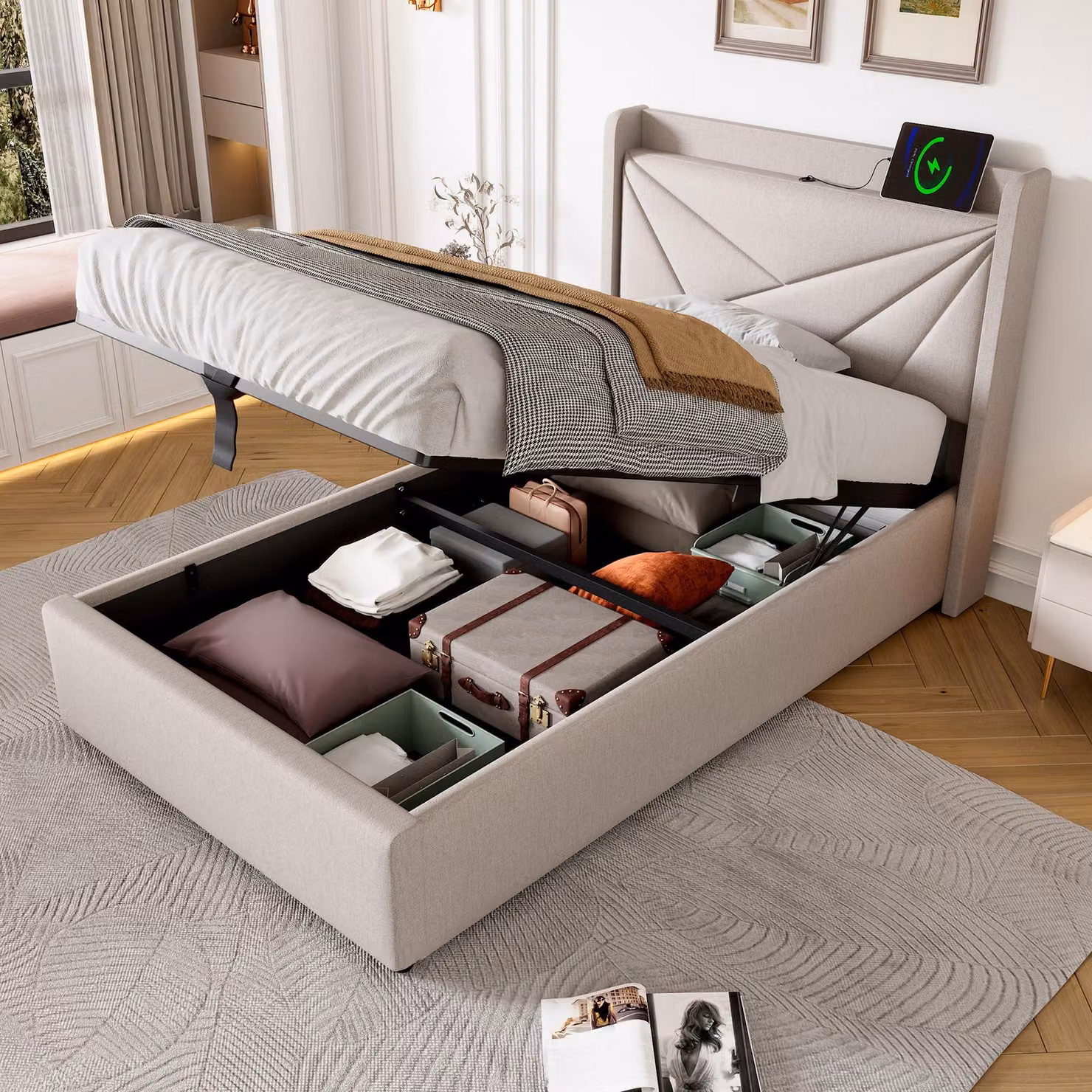 Letto imbottito 90x200 cm con contenitore, funzione di ricarica USB e di tipo C, testiera imbottita, rete a doghe e supporti per materasso, senza materasso