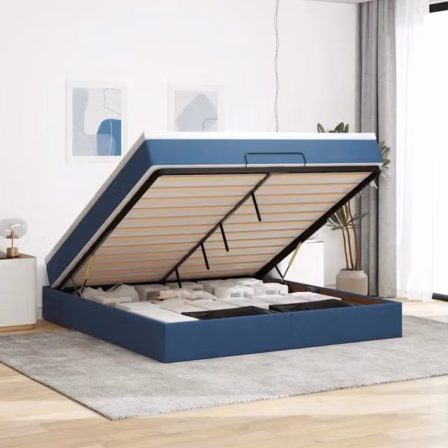Letto con contenitore a sollevamento e materasso vidaXL in tessuto blu e bianco L 160 cm x P 200 cm