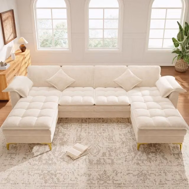 Divano componibile a U da 4-5 posti in tessuto chenille beige con 2 chaise longue e cuscini L/P/H: 262 x 134 x 86 cm
