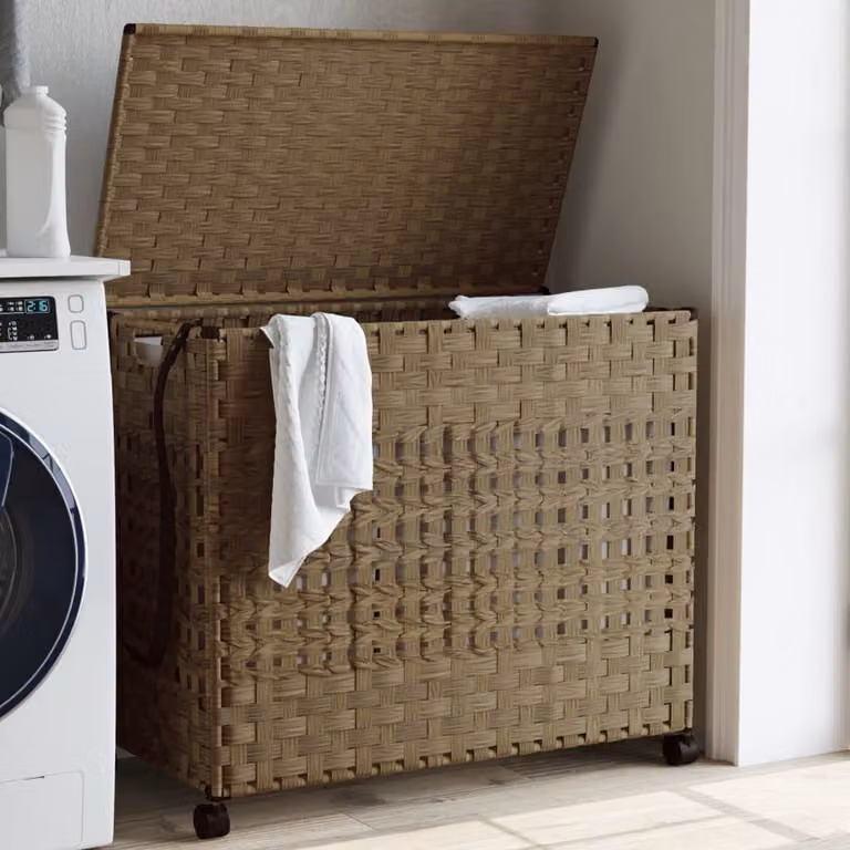 Cesto Portabiancheria con Ruote e Coperchio vidaXL in Rattan, Bianco e Marrone, L/P/H: 66 x 35 x 60 cm