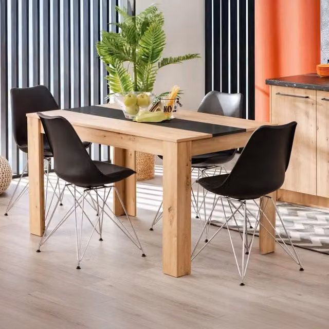 DMORA Tavolo da pranzo moderno rettangolare in legno per 6 persone, Marrone Rovere e Nero, L: 135 cm, P: 80.5 cm, H: 74.5 cm