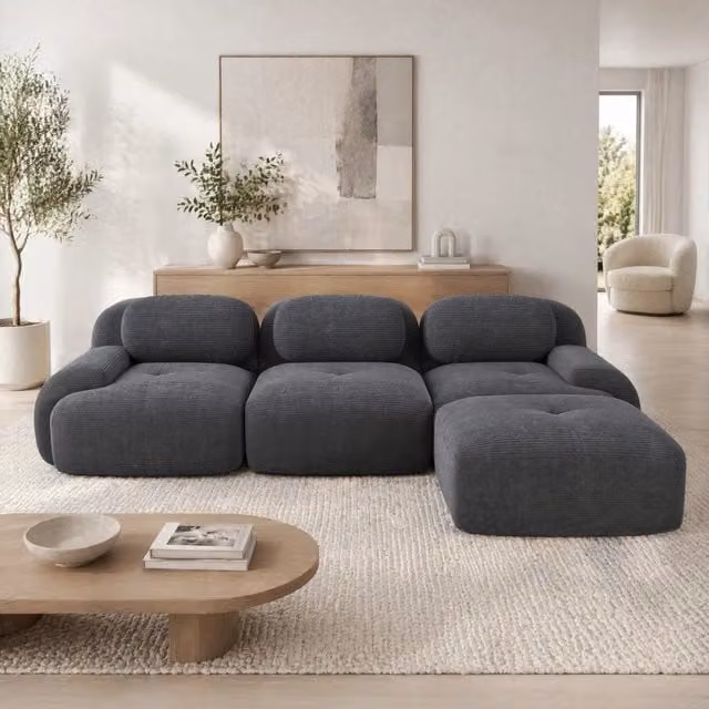 Divano angolare modulare 298x178x70 cm in corduroy grigio, senza montaggio, per soggiorni –