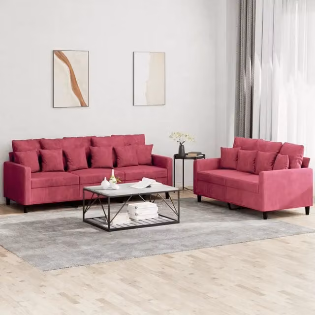 Set di divani vidaXL in velluto rosso composto da un divano a 2 posti e un divano a 3 posti con cuscini coordinati