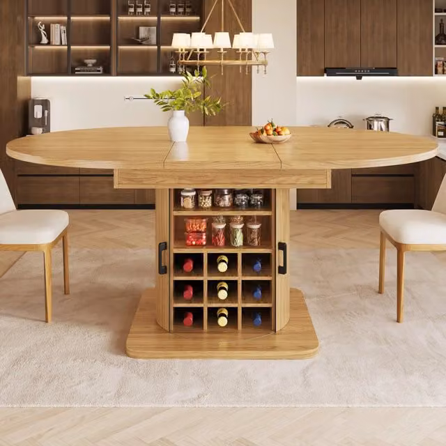 Tavolo da pranzo allungabile con contenitore 118-158x118 cm in MDF naturale e marrone chiaro
