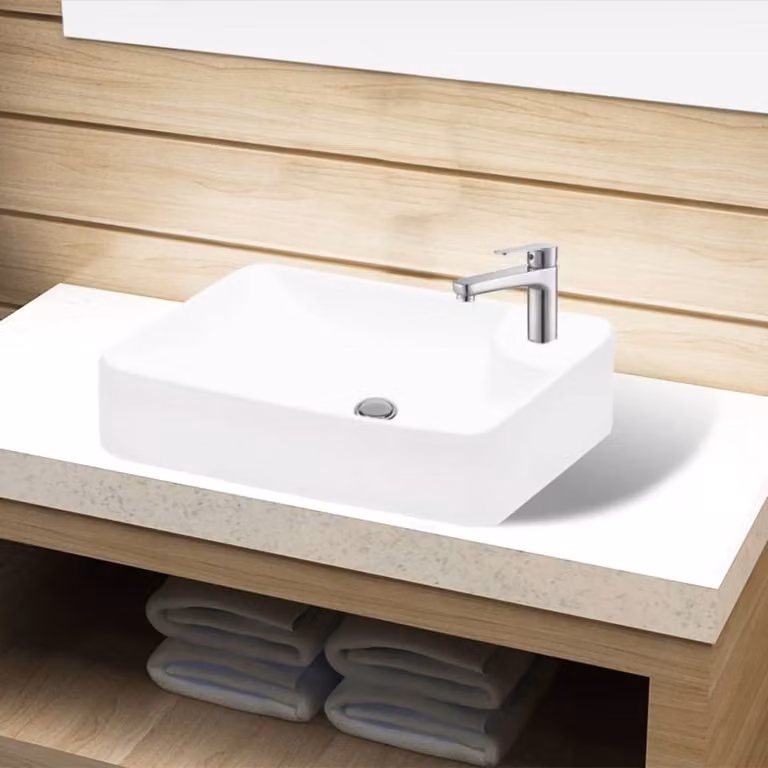 Lavabo in Vetroceramica con foro per rubinetto bianco