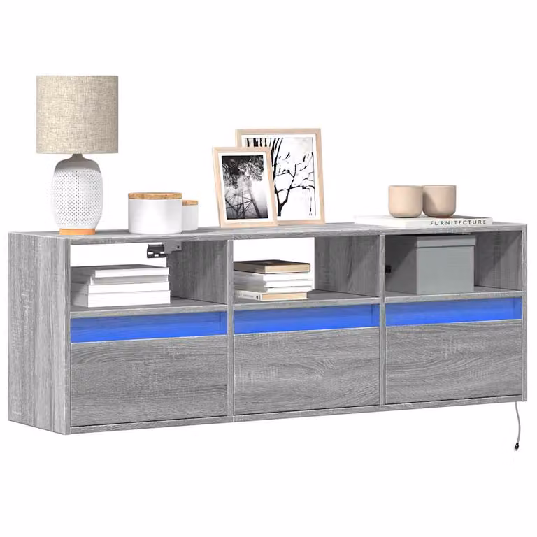 Mobile TV a parete con luci LED vidaXL, Grigio Sonoma, L 130 x P 31 x H 45 cm