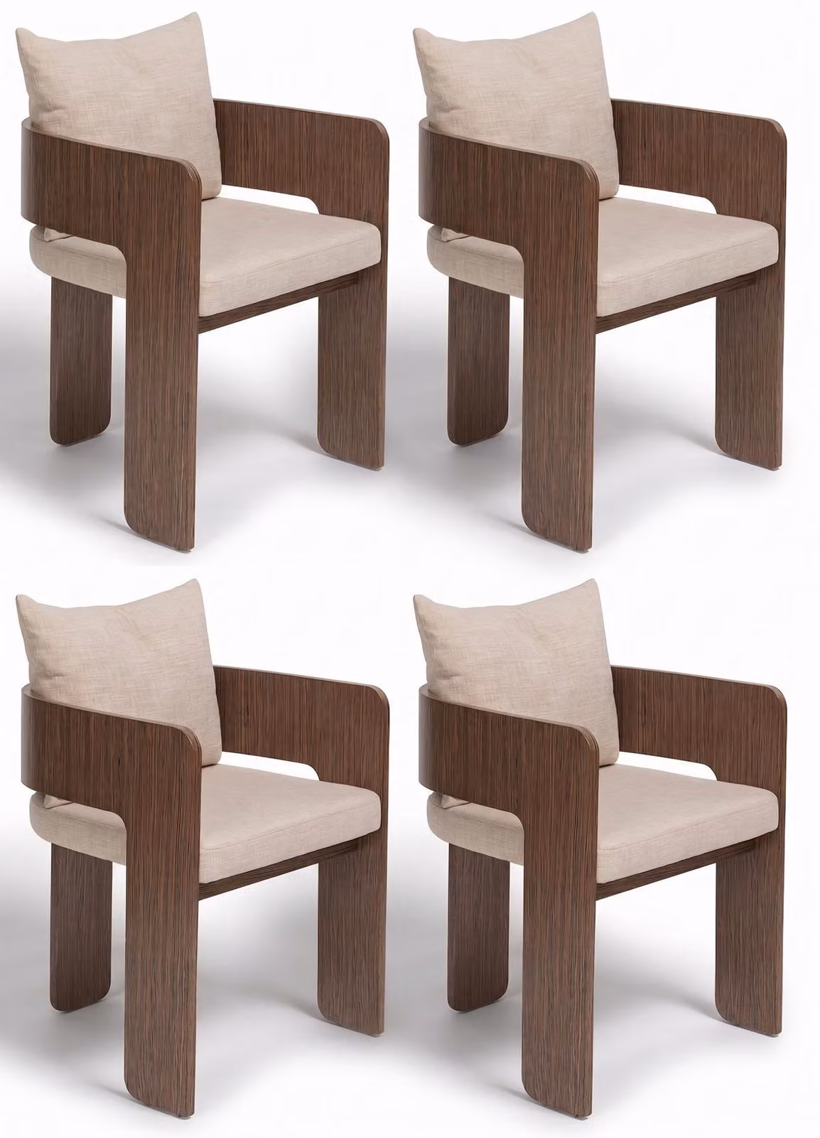 Sedie dal design beige, rivestite in tessuto e con struttura in legno. Espressive, senza tempo, adatte all'ambiente domestico, di elegante fattura