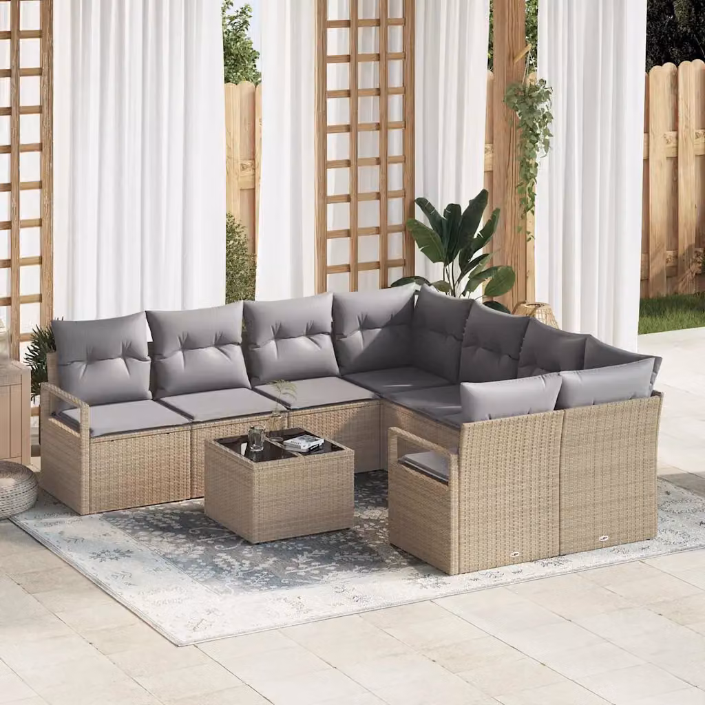 Set di divani da giardino vidaXL a forma di U con 8-9 posti, in polyrattan beige e grigio con cuscini inclusi e tavolino da esterno
