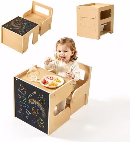 Set Tavolo e Sedia Montessori VEVOR in Legno per Bambini con Lavagnetta e Vano Portaoggetti, Colore Marrone e Beige