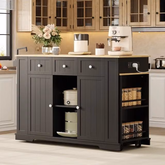 Carrello da cucina con tavolo estraibile, 2 ante e 2 cassetti, prese USB, in MDF nero naturale, 138(213) × 55 × 93 cm