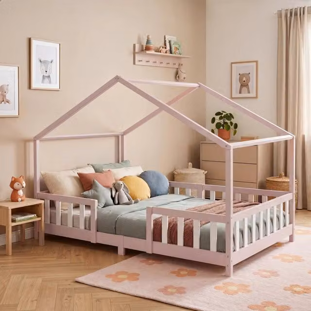 Letto per cameretta Treviolo a forma di casetta in stile Montessori con materasso en.casa Rosa/Bianco L/P/H: 200 x 120 x 138 cm – 1