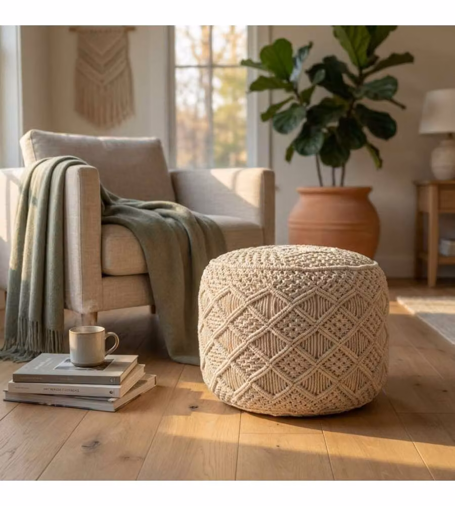 Cosma Pouf Quadrato in Cotone Bianco 45x45 cm Design Boho Fisso