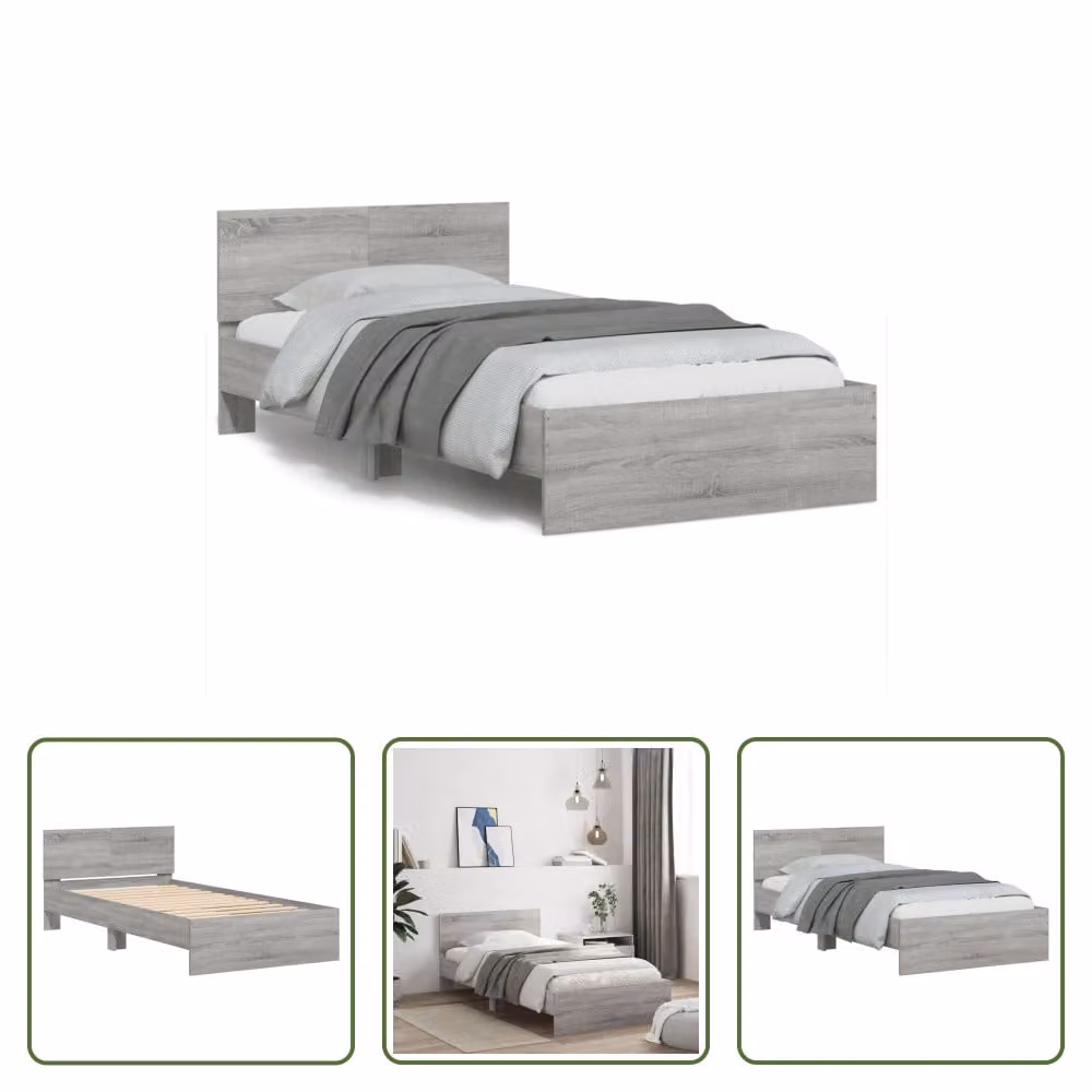 The Living Store Giroletto con testiera grigio Sonoma 100x200 cm in materiale ligneo