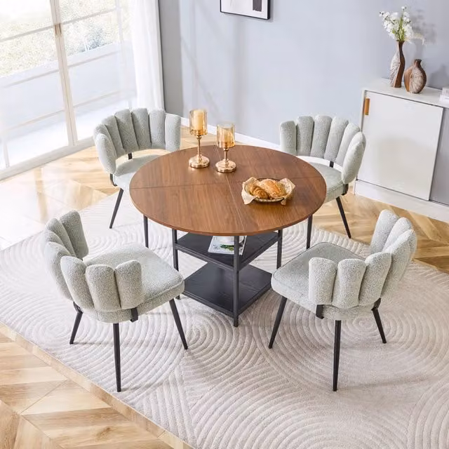 Tavolo da pranzo rotondo con 4 sedie, doppio ripiano, in MDF e metallo, noce e nero, per sala da pranzo