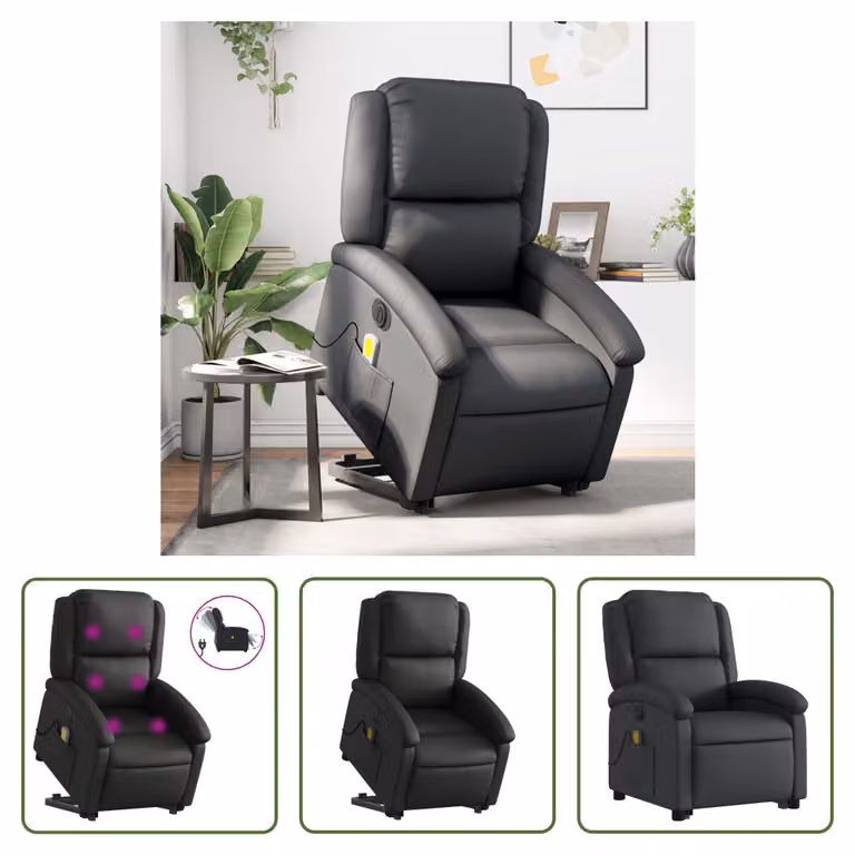 The Living Store Sedia massaggiante con supporto in piedi elettrica in vera pelle nera