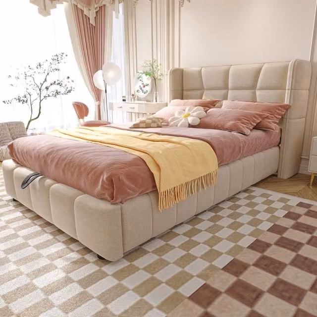 Letto contenitore 90 x 200 cm con contenitori e scrivania integrata, meccanismo idraulico, letto imbottito in tessuto beige con testiera contenitore