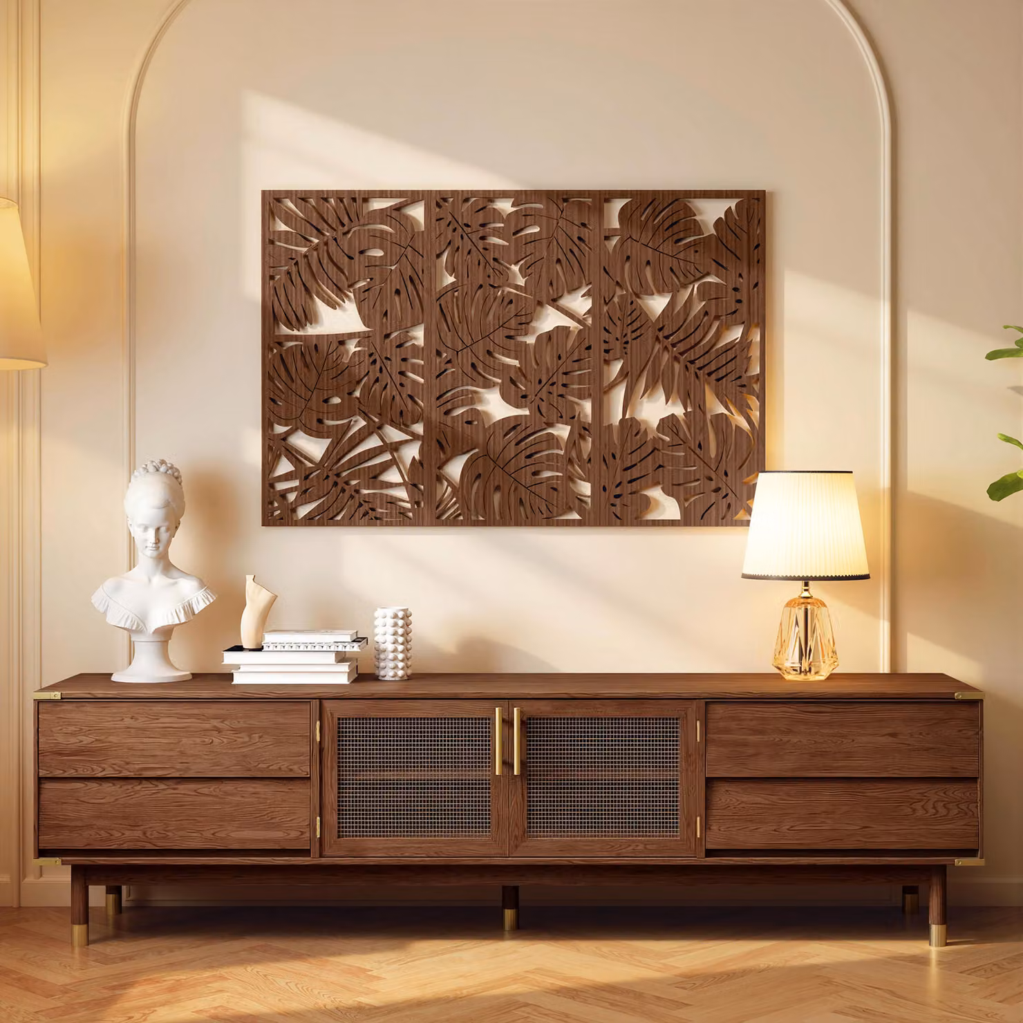 Decorazione da Parete 3D HOMCOM in Legno con Motivo Foglie Tropicali, Set di 3 Pezzi, Colore Noce, L: 40 cm x H: 80 cm – 2