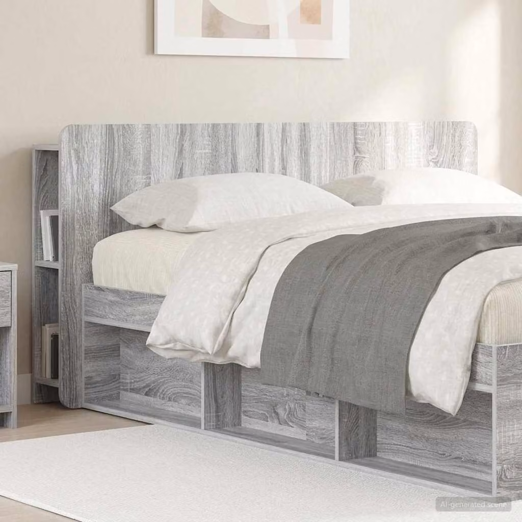 Testata del letto moderna vidaXL in legno ingegnerizzato Grigio Sonoma con ripiano integrato e scomparti laterali