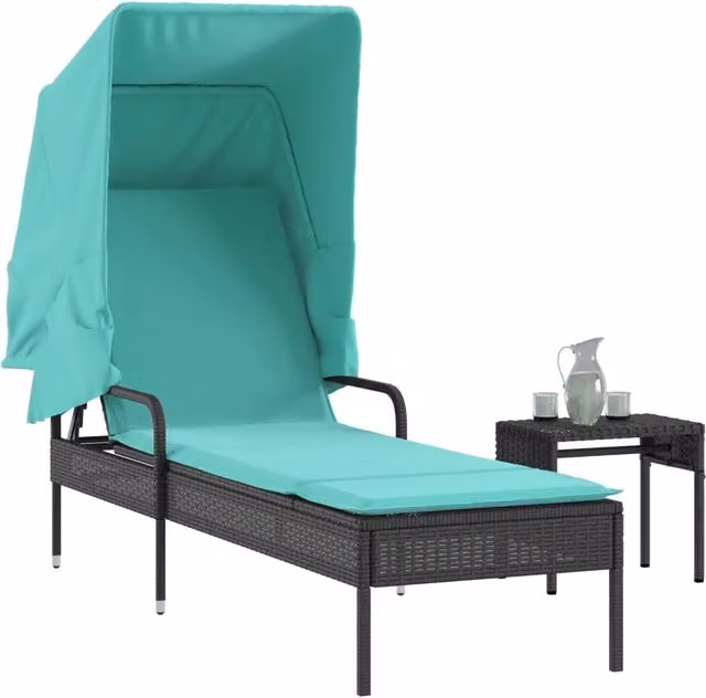 Lettino prendisole con tettuccio e Tavolino in Polyrattan Nero 368205