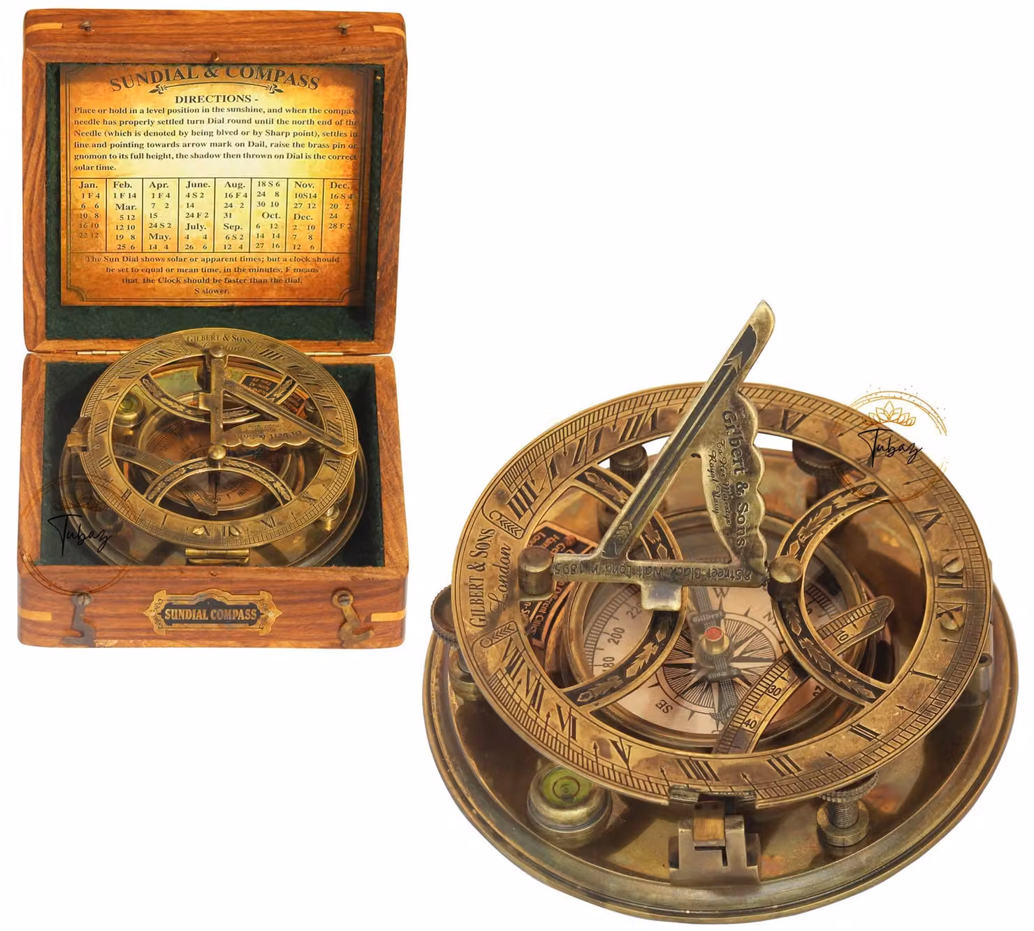Orologio solare steampunk, bussola, 12,7 cm, ottone con custodia in legno