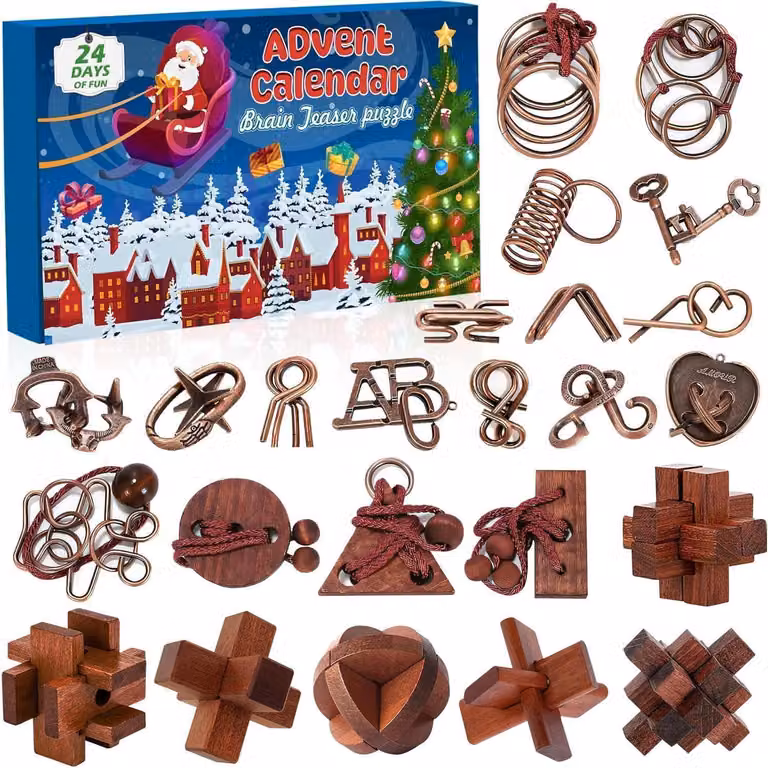 Calendario dell'Avvento 2026: giochi di logica per adulti e bambini - 24 giorni di enigmi in metallo e legno