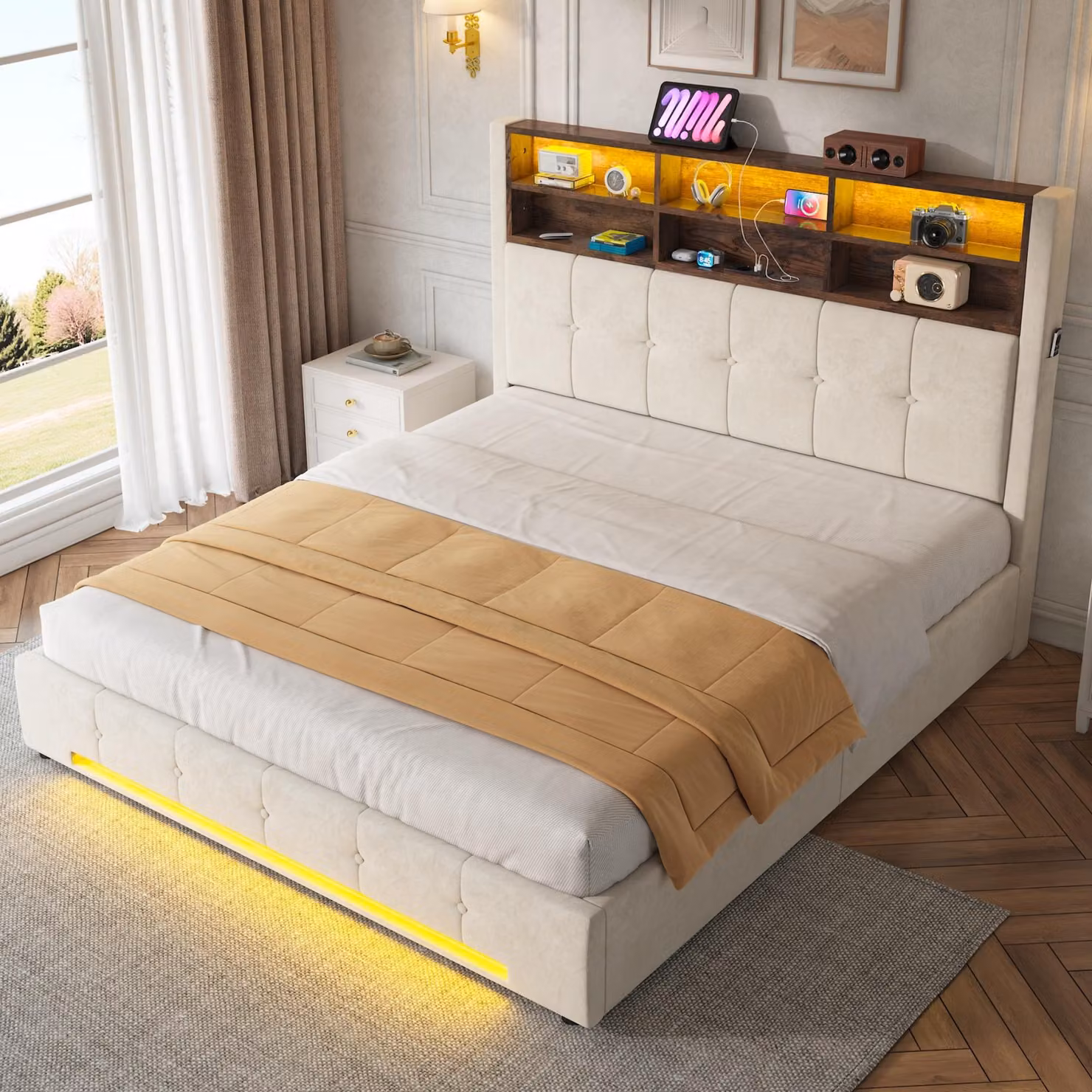 Letto matrimoniale MODFU 160x200 con testiera imbottita a 6 scomparti, letto imbottito con LED e porta USB-C, letto a molle con sistema di sollevamento idraulico e spazio contenitore, senza materasso, color beige