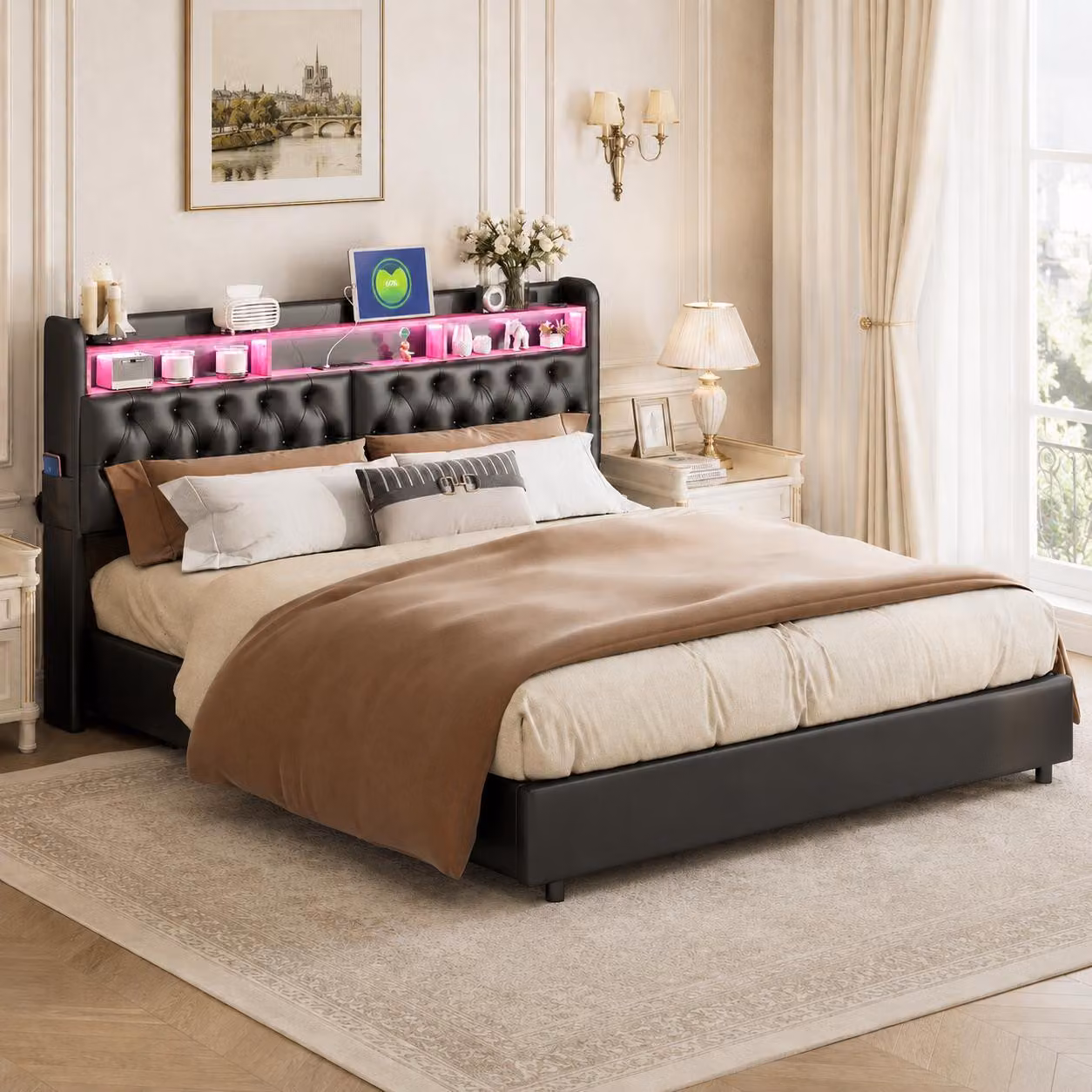 Letto imbottito INONEFT 180x200 cm con LED, prese USB e prese di corrente, letto a molle con contenitore integrato nella testiera, letto matrimoniale con rete a doghe e cassettiera, rivestito in ecopelle nera