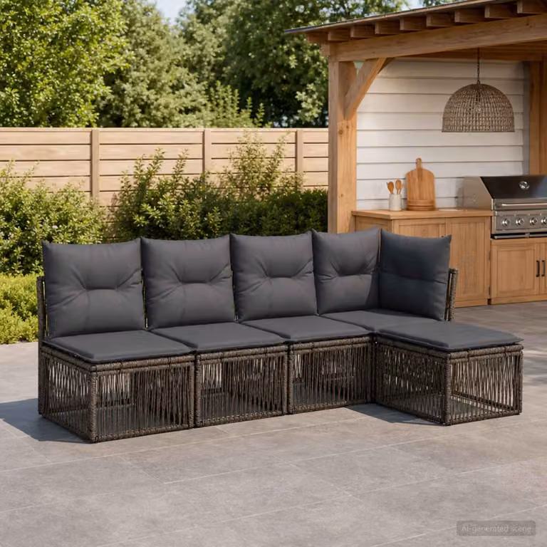 Set Divano da Giardino vidaXL 5 Pezzi a Forma di L in Polyrattan Grigio con Cuscini e Struttura in Acciaio Verniciato a Polvere