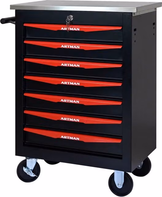 Mobile contenitore in acciaio con 7 cassetti, ruote e serratura per garage e officina, colore nero e rosso, L: 78,0 cm, P: 34,5 cm, H: 62,5 cm