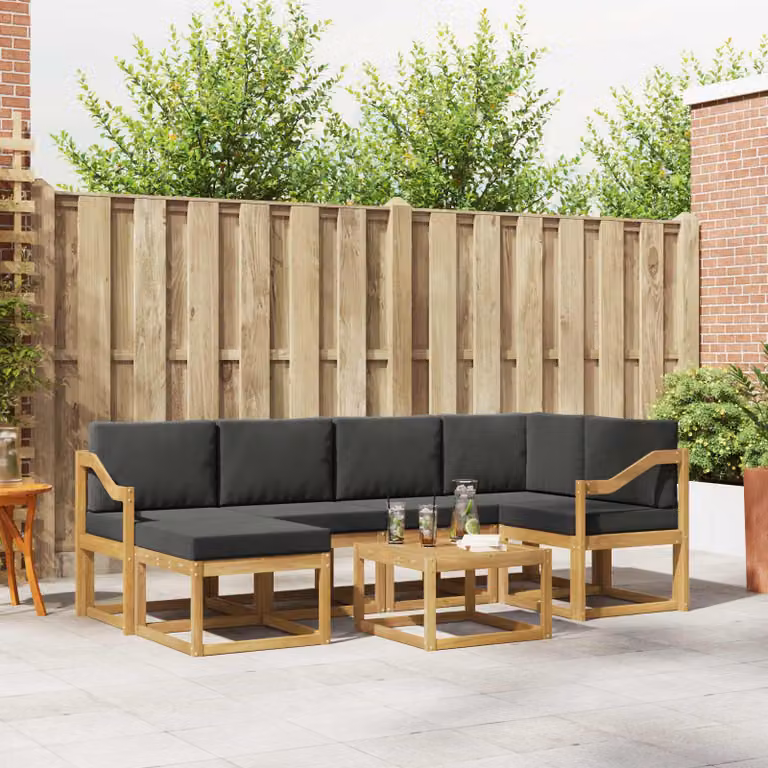 vidaXL Set di divani da esterno moderno a L in legno di acacia con cuscini, Bianco e Antracite