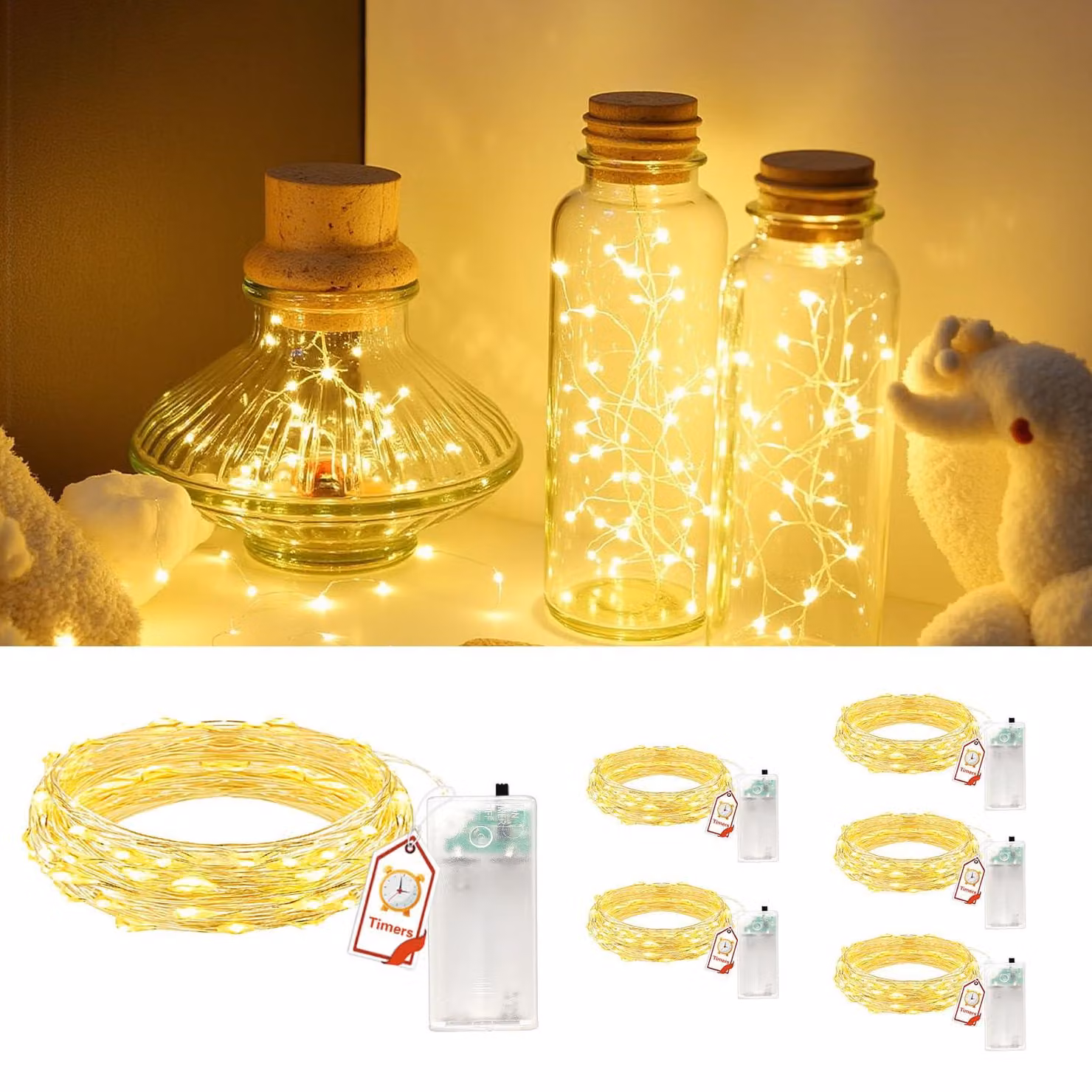 Catena luminosa a LED, 2 metri, 20 LED, luce bianco caldo, alimentazione a batteria, grado di protezione IP65