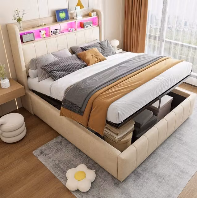 Letto imbottito 140x200 cm con LED; USB e Type-C; contenitore idraulico; beige