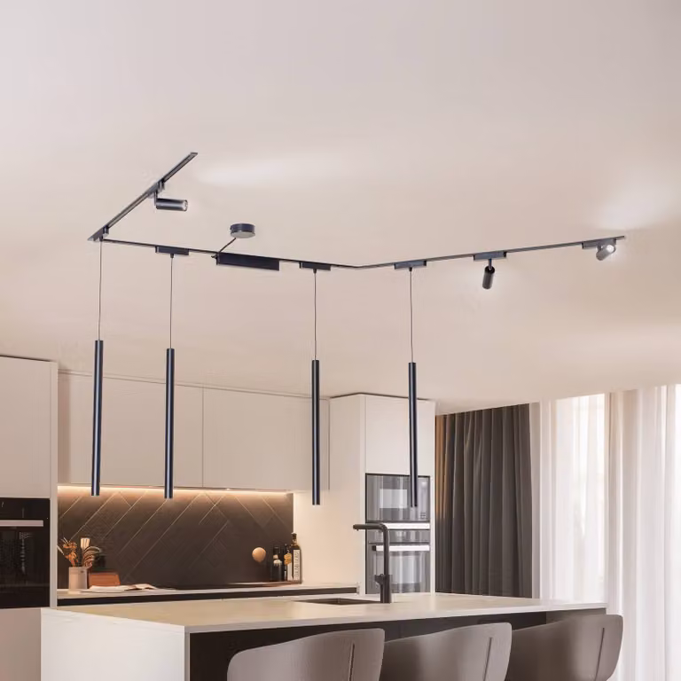Sistema a binario Lumaro, faretti, lampade sospensione, 7 luci, nero, 48 V, Lumaro 48V Lindby, dimmerabile, Nero, Soggiorno / Sala da pranzo, Alluminio, Moderno