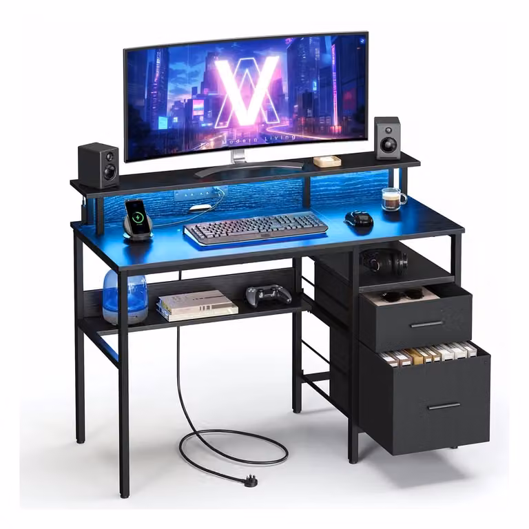 Scrivania per Computer con Luci a LED e Prese di Corrente Integrate, Nero Ebano / 120l cm
